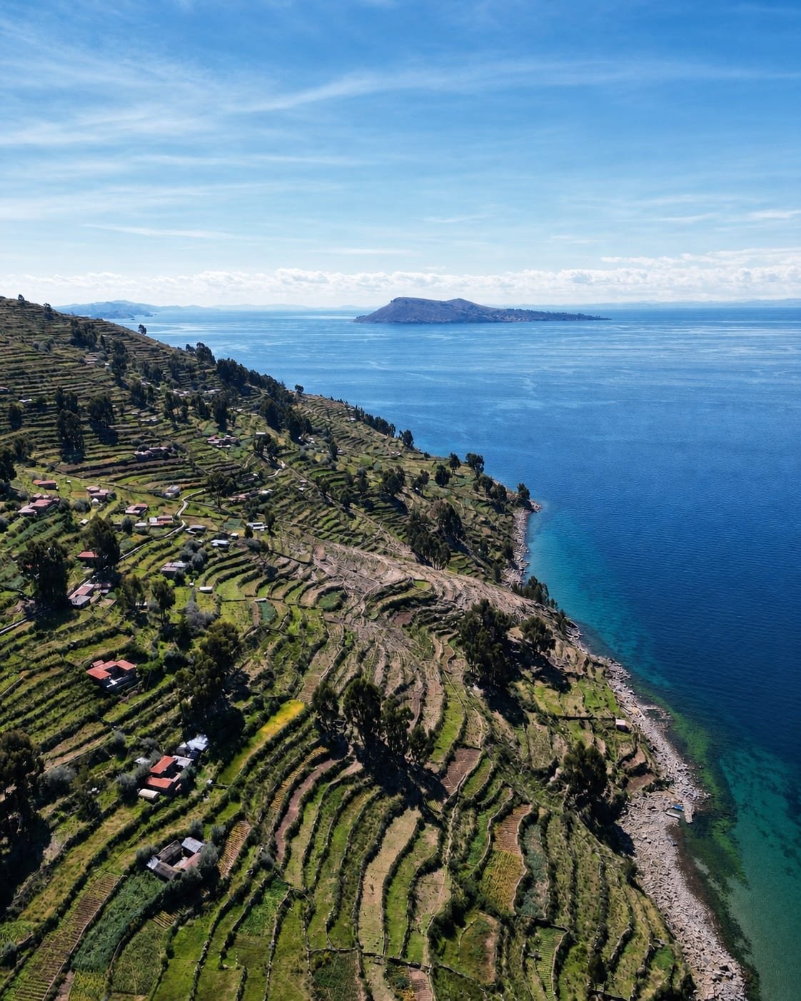 Taquile agricultural terraces beside Lake Titicaca